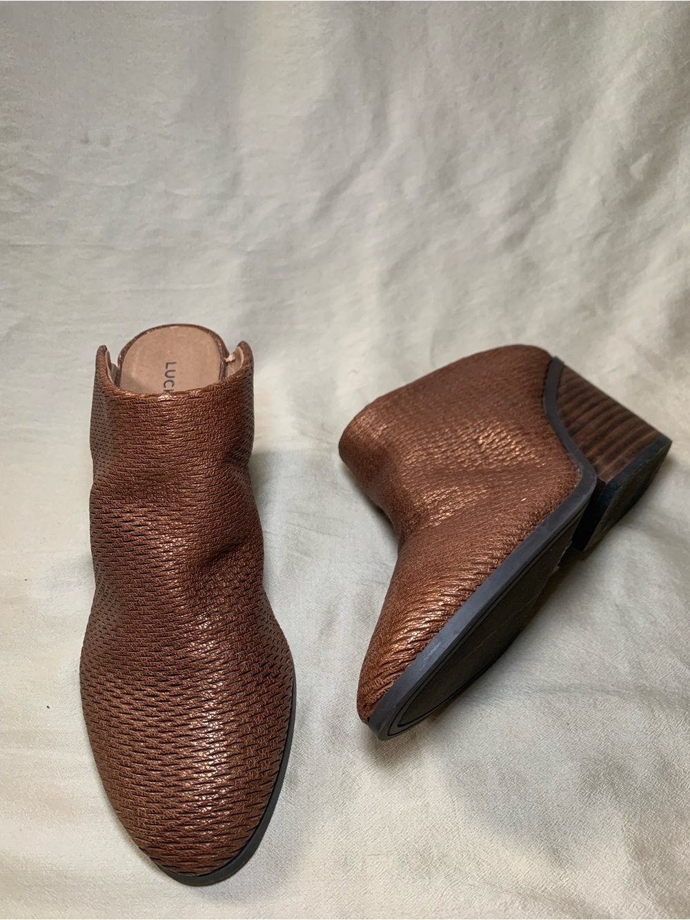 Lucky Brand Larsson Perforated Leather Mule Block Heels - Metallic Copper Brown